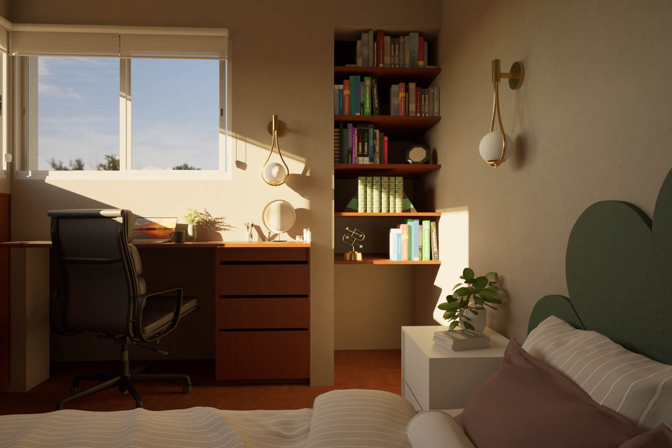 Dormitorio con escritorio, biblioteca y luz natural
